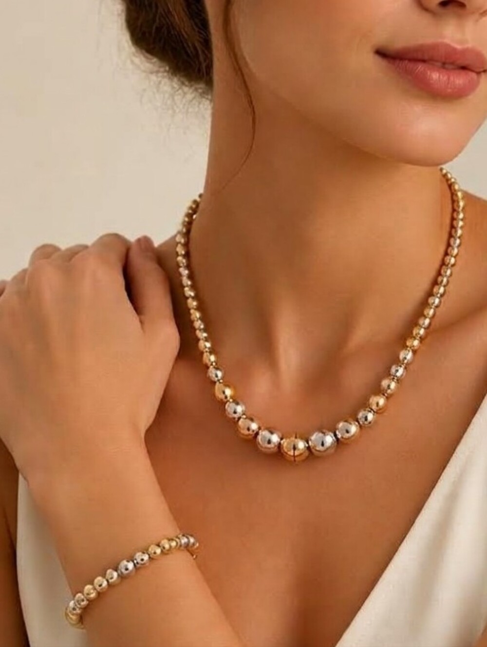 Tri-Color Gold Silver Rose Graduated Bead Necklace & Bracelet Set